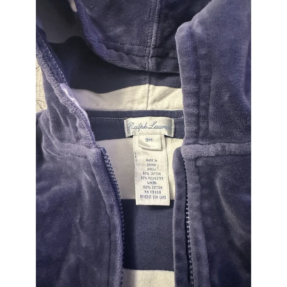 Ralph Lauren Baby Velour Hoodie Jacket‎ Blue 9M Zip Up Cozy Classic Pony Logo